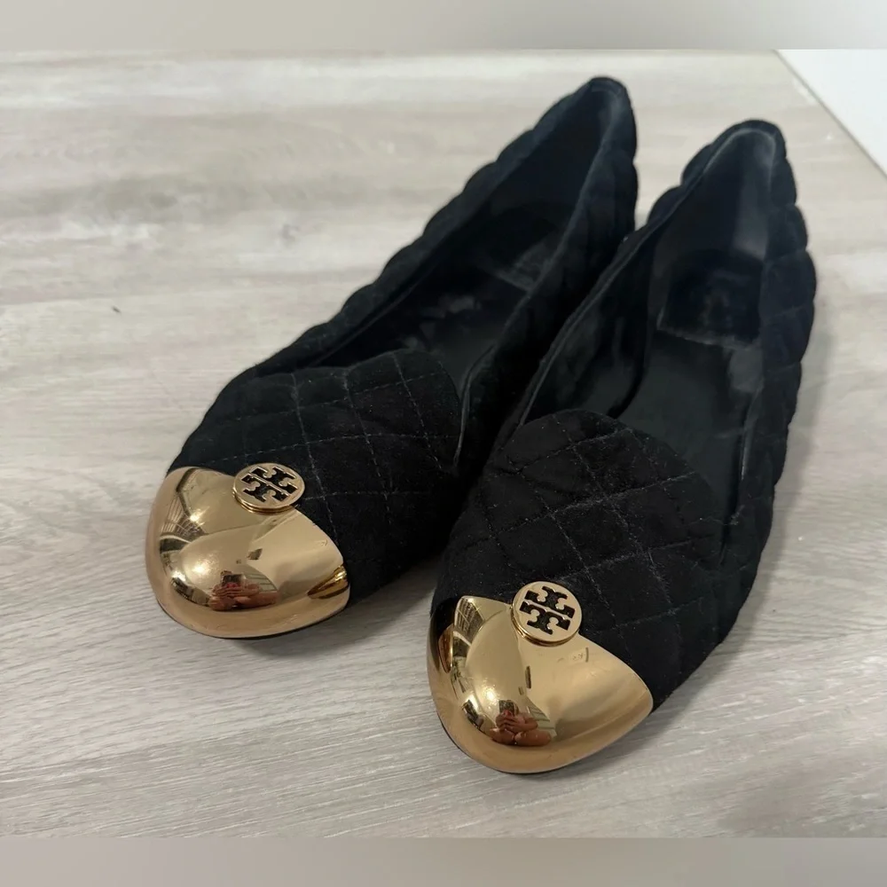 Tory Burch Womens Kaitlin Quilted Suede Smoking Slipper Flat Black-Bronze Size 7